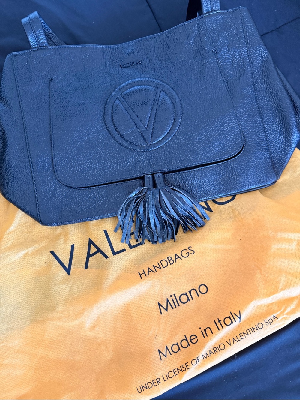 Valentino Black Leather Tote with Tassel Front Flap